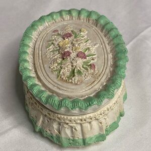 Hand Painted Trinket Box In Mint Green With purple and Yellow Flowers ￼